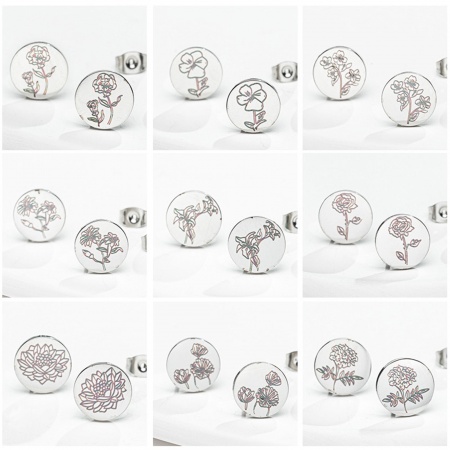 304 Stainless Steel Birth Month Flower Ear Post Stud Earrings Silver Tone Round Flower 11mm Dia.