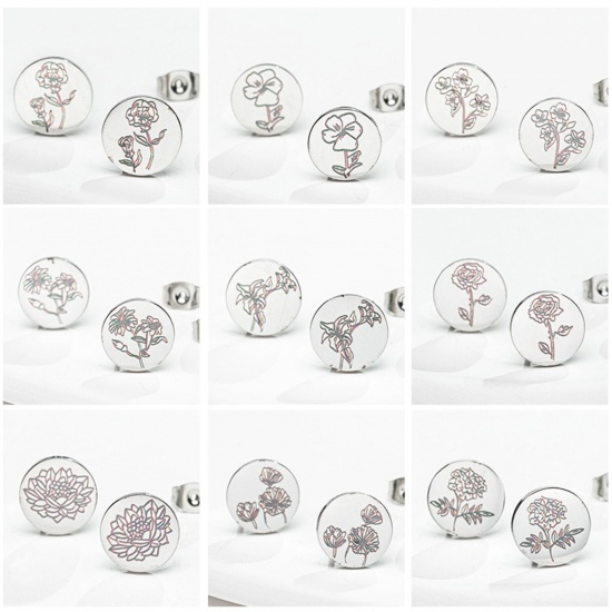Picture of 304 Stainless Steel Birth Month Flower Ear Post Stud Earrings Silver Tone Round Flower 11mm Dia.