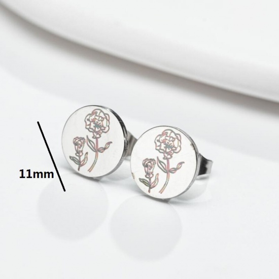 Picture of 304 Stainless Steel Birth Month Flower Ear Post Stud Earrings Silver Tone Round Flower 11mm Dia.