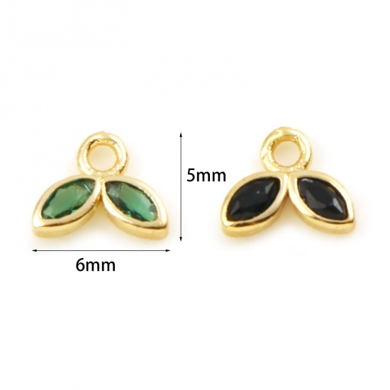 Imagen de Latón Colgantes Charms Hoja Oro Real Chapado Multicolor Circón Artificial 6mm x 5mm, 2 Unidades