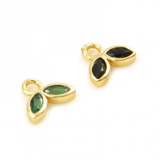 Imagen de Latón Colgantes Charms Hoja Oro Real Chapado Multicolor Circón Artificial 6mm x 5mm, 2 Unidades