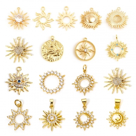 Breloques Galaxie en Laiton Soleil Plaqué Or Véritable 15mm x 13mm, 2 Pcs