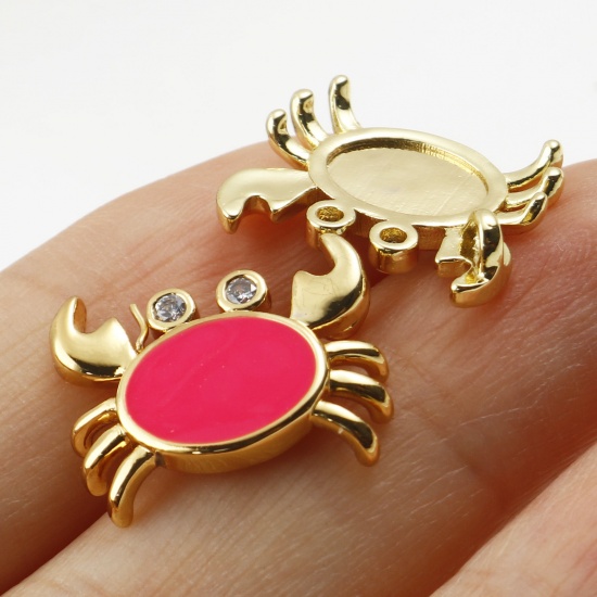 Picture of Brass Ocean Jewelry Charms Gold Plated Multicolor Crab Animal Enamel Clear Rhinestone 16mm x 13mm, 1 Piece                                                                                                                                                    