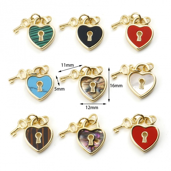 Picture of Brass Valentine's Day Charms Gold Plated Multicolor Heart Lock 18mm x 12mm, 1 Piece                                                                                                                                                                           