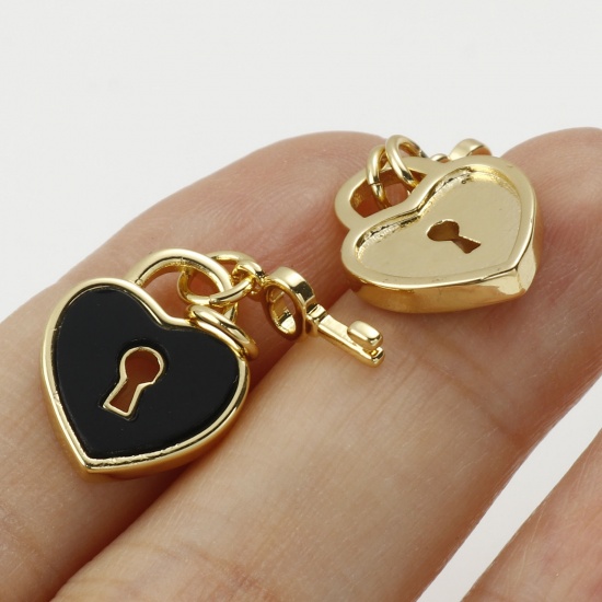 Picture of Brass Valentine's Day Charms Gold Plated Multicolor Heart Lock 18mm x 12mm, 1 Piece                                                                                                                                                                           