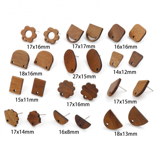 Bild von Wood Geometry Series Ear Post Stud Earrings Findings Brown W/ Loop