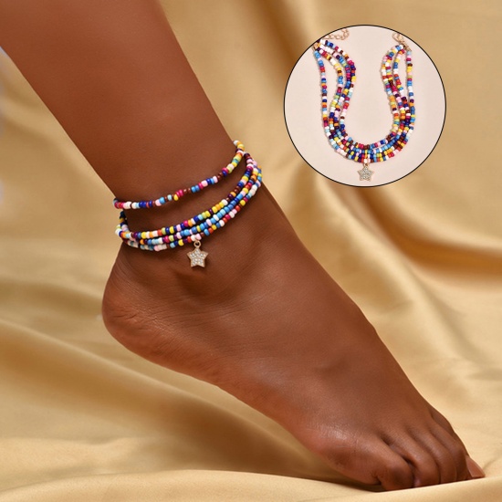 Immagine di Resin Boho Chic Bohemia Multilayer Layered Anklet Gold Plated Pentagram Star Clear Rhinestone Beaded