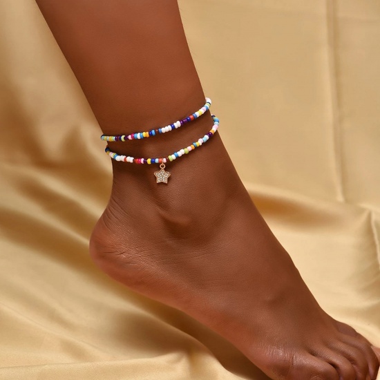Immagine di Resin Boho Chic Bohemia Multilayer Layered Anklet Gold Plated Pentagram Star Clear Rhinestone Beaded