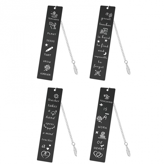 Picture of Stainless Steel Teacher's Day Bookmark Black Rectangle With Pendant 12cm x 2.5cm