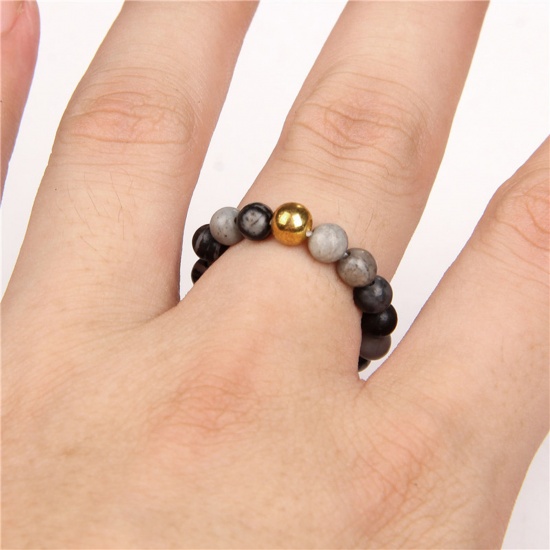 Picture of Stone ( Natural ) Adjustable Stylish Beaded Stackable Rings Gold Plated Multicolor Round 19mm(US Size 9)