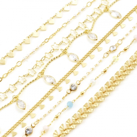 Brass Cubic Zirconia Handmade Link Chain Findings Real Gold Plated Multicolor 1 M