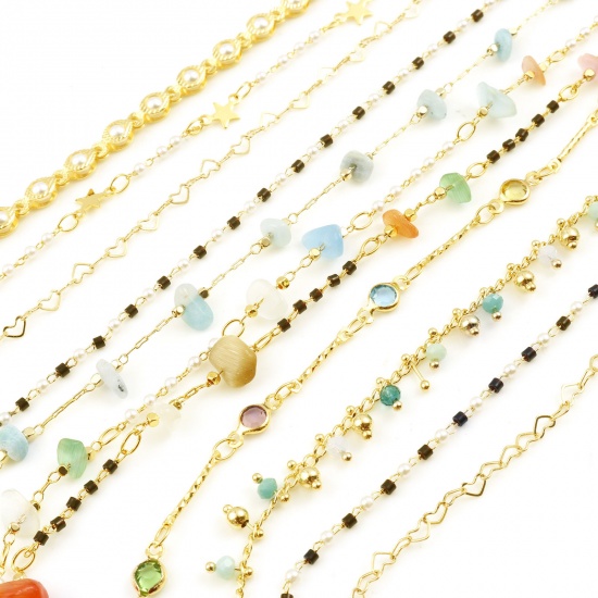 Picture of Brass Cubic Zirconia Handmade Link Chain Findings Real Gold Plated Multicolor 1 M