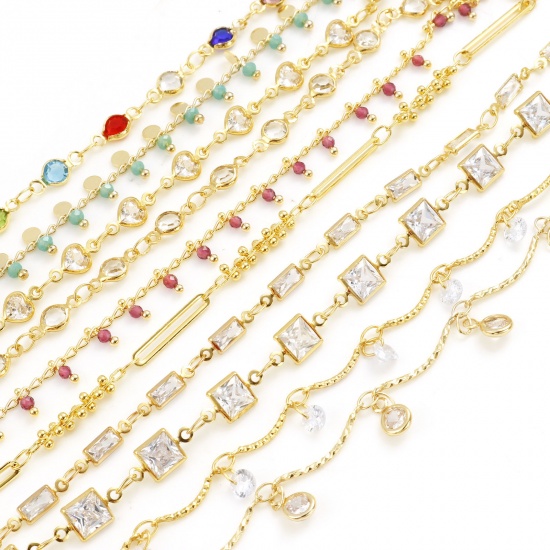 Picture of Brass Cubic Zirconia Handmade Link Chain Findings Real Gold Plated Multicolor 1 M                                                                                                                                                                             