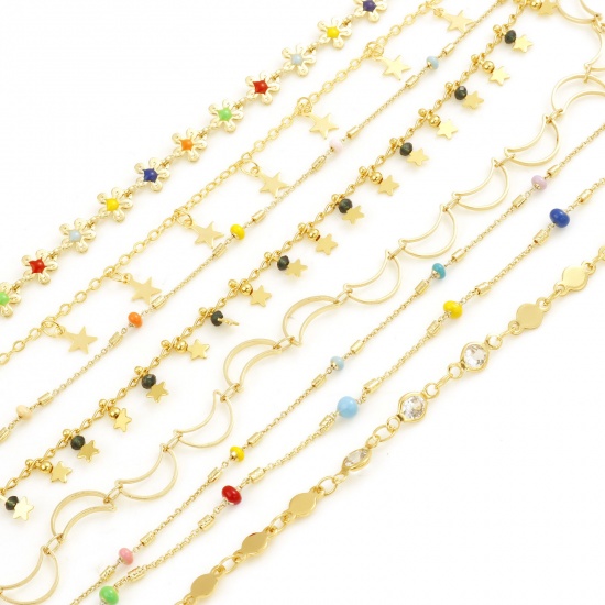 Picture of Brass Cubic Zirconia Handmade Link Chain Findings Real Gold Plated Multicolor 1 M