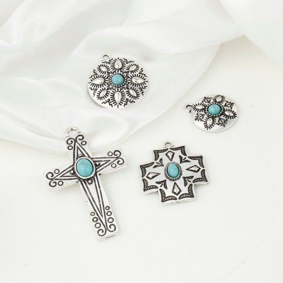 Picture of Zinc Based Alloy Boho Chic Bohemia Charms Antique Silver Color Green Blue With Resin Cabochons Imitation Turquoise