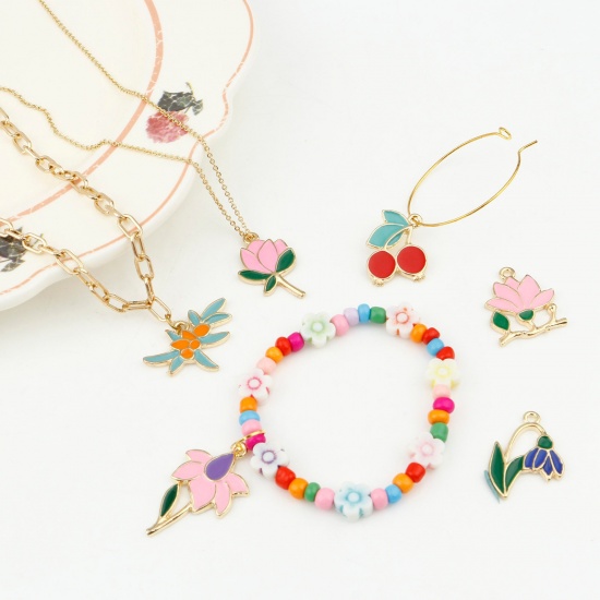 Picture of Zinc Based Alloy Flora Collection Charms Gold Plated Multicolor Flower Cherry Fruit Enamel