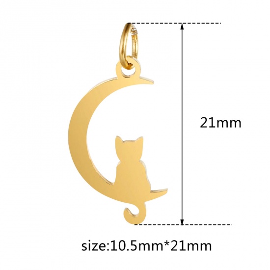 Picture of 304 Stainless Steel Pet Silhouette Charms Multicolor Half Moon Cat Polished