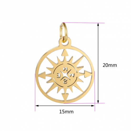Image de Breloques en 304 Acier Inoxydable Voyage Rond Multicolore Boussole Creux 20mm x 15mm , 1 Pièce