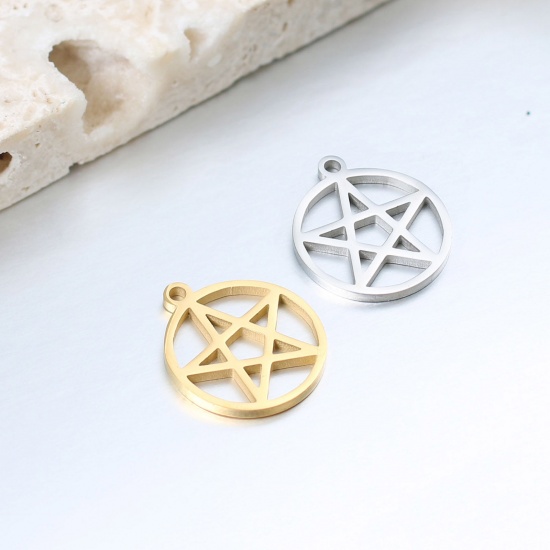 Imagen de 304 Acero Inoxidable Colgantes Charms Ronda Multicolor Estrellas de cinco puntos Hueco 17mm x 15mm, 1 Unidad