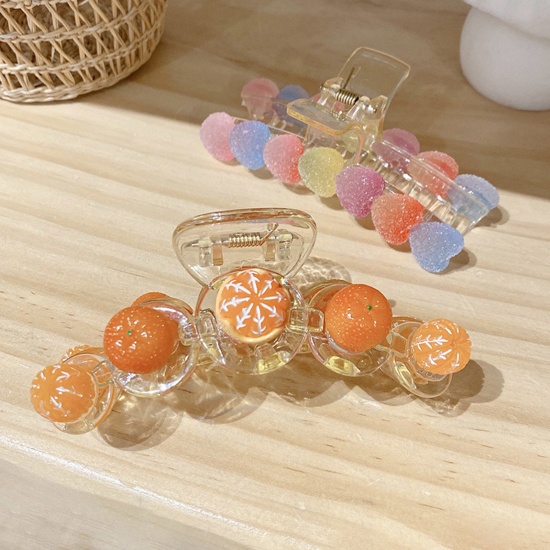 Picture of Acrylic Cute Hair Claw Clips Clamps Gold Plated Multicolor Heart Orange Fruit