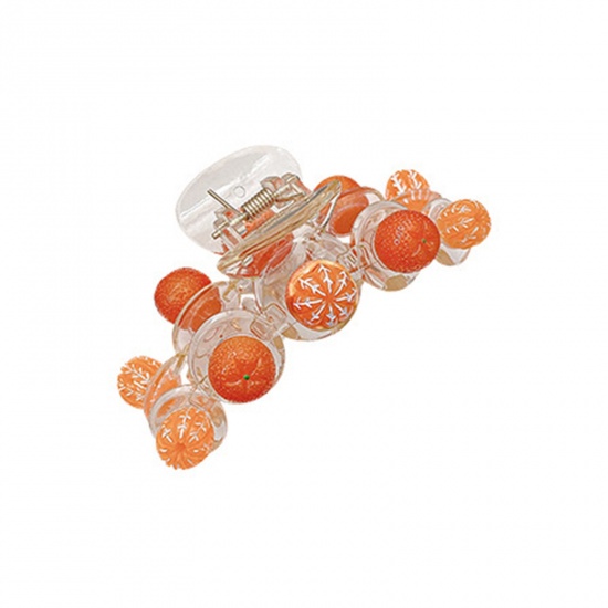 Picture of Acrylic Cute Hair Claw Clips Clamps Gold Plated Multicolor Heart Orange Fruit