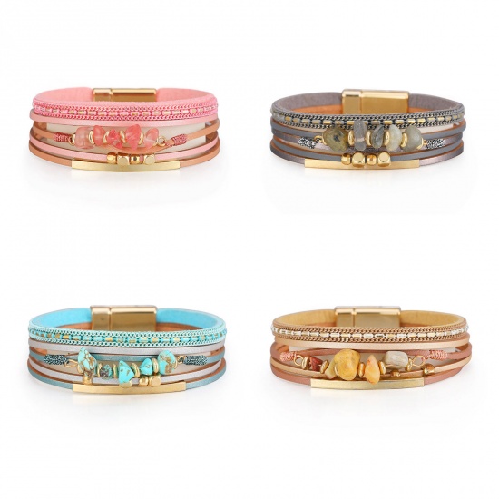 Image de PU Leather Boho Chic Bohemia Slake Bracelets Gold Plated Multicolor Chip Beads With Magnetic Clasp