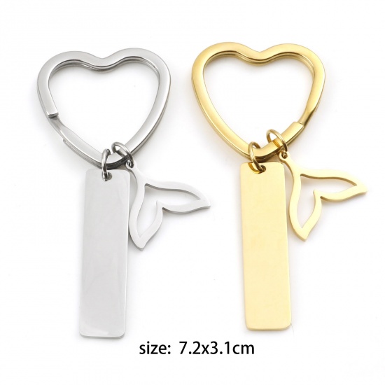 Picture of Stainless Steel Ocean Jewelry Keychain & Keyring Multicolor Whale Tail Blank Stamping Tags One Side 7.2cm x 3.1cm, 1 Piece