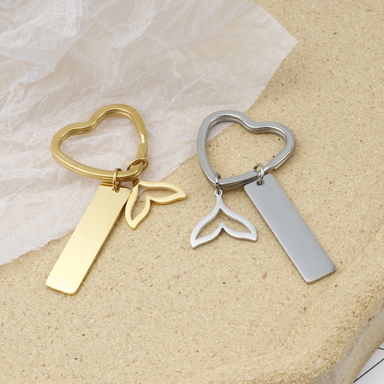 Picture of Stainless Steel Ocean Jewelry Keychain & Keyring Multicolor Whale Tail Blank Stamping Tags One Side 7.2cm x 3.1cm, 1 Piece