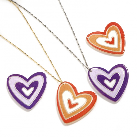 Picture of Acrylic Valentine's Day Pendants Heart Multicolor Stripe 3.5cm x 3.5cm, 5 PCs