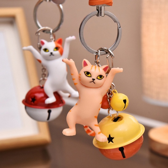 Picture of Vinyl Cute Keychain & Keyring Silver Tone Multicolor Cat Animal Bell