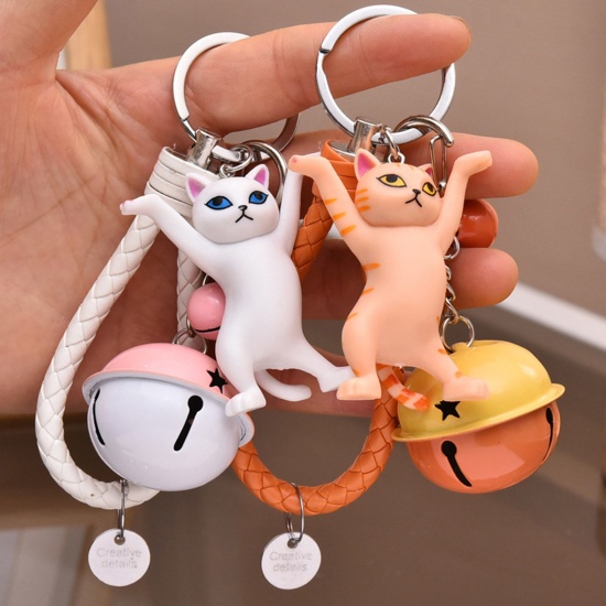 Picture of Vinyl Cute Keychain & Keyring Silver Tone Multicolor Cat Animal Bell