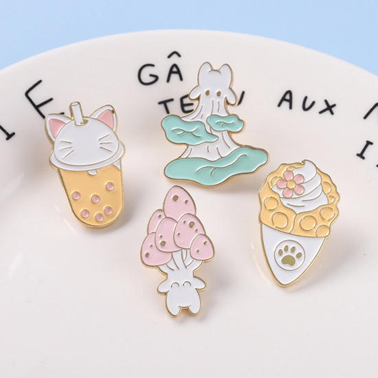 Picture of Cute Pin Brooches Cat Animal Beverages Gold Plated Multicolor Enamel