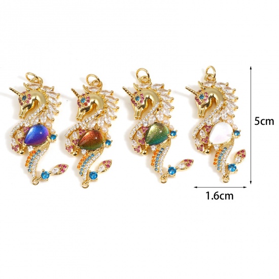 Picture of Brass Ocean Jewelry Pendants Gold Plated Seahorse Animal Micro Pave Multicolor Rhinestone 5cm x 1.6cm                                                                                                                                                         