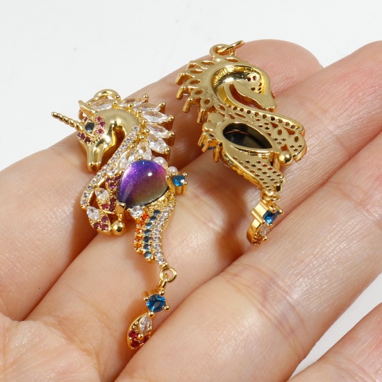 Picture of Brass Ocean Jewelry Pendants Gold Plated Seahorse Animal Micro Pave Multicolor Rhinestone 5cm x 1.6cm                                                                                                                                                         