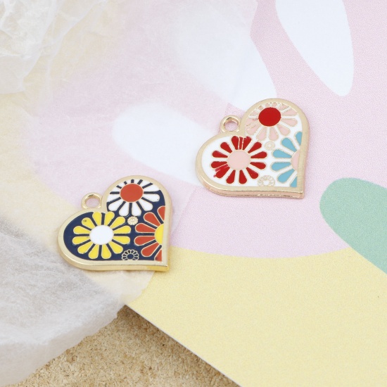Picture of Zinc Based Alloy Valentine's Day Charms Heart Gold Plated Flower Enamel 22mm x 21mm, 5 PCs