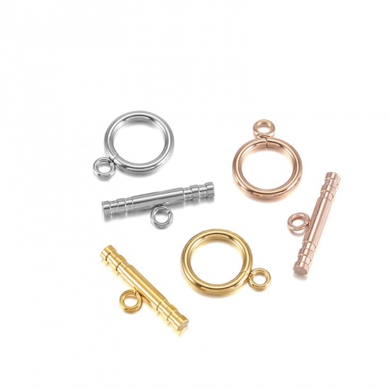 Picture of 304 Stainless Steel Toggle Clasps Circle Ring Stripe Multicolor 13mm Dia.