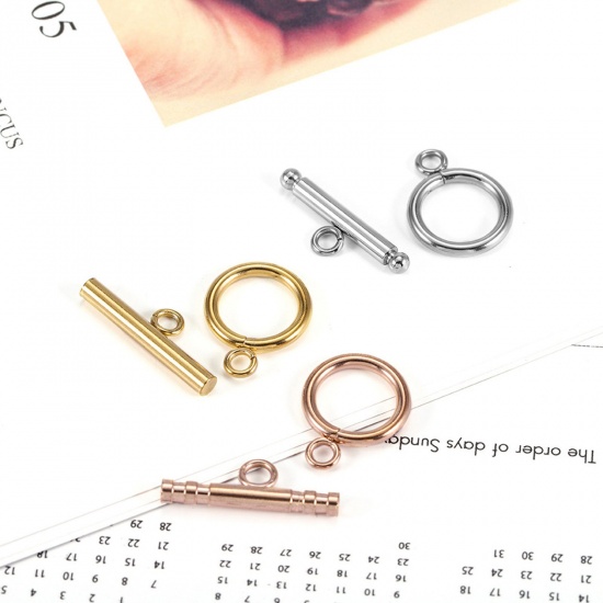 Picture of 304 Stainless Steel Toggle Clasps Circle Ring Stripe Multicolor 13mm Dia.