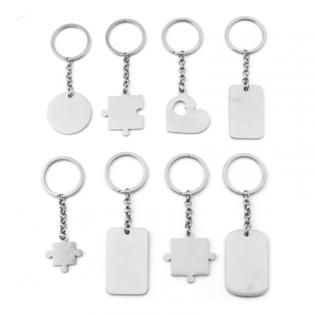 304 Stainless Steel Keychain & Keyring Silver Tone Geometric Blank Stamping Tags Two Sides