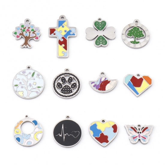 Image de Breloques en 304 Acier Inoxydable Cœur Argent Mat Multicolore Arbres Émail 1 Pièce