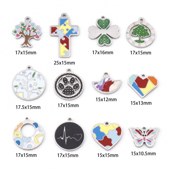 Image de Breloques en 304 Acier Inoxydable Cœur Argent Mat Multicolore Arbres Émail 1 Pièce