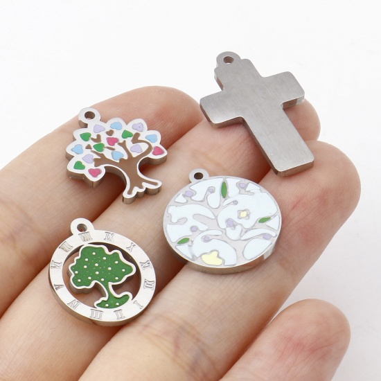 Image de Breloques en 304 Acier Inoxydable Cœur Argent Mat Multicolore Arbres Émail 1 Pièce