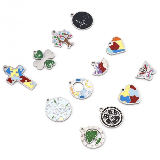 Image de Breloques en 304 Acier Inoxydable Cœur Argent Mat Multicolore Arbres Émail 1 Pièce