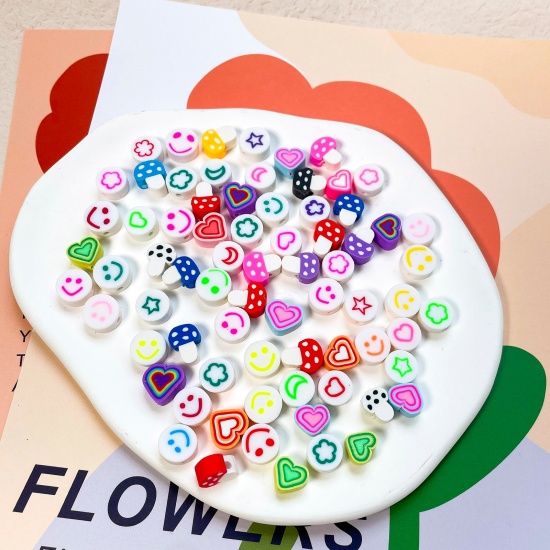 Picture of Polymer Clay Beads Heart At Random Color Smile Pattern 100 PCs
