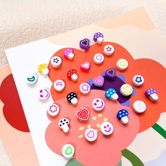 Picture of Polymer Clay Beads Heart At Random Color Smile Pattern 100 PCs
