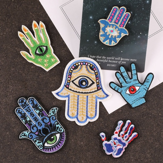 Picture of Fabric Religious Iron On Patches Kids Patch Appliques (With Glue Back) Craft Multicolor Hamsa Symbol Hand