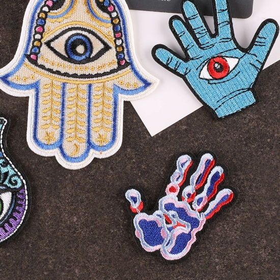 Picture of Fabric Religious Iron On Patches Kids Patch Appliques (With Glue Back) Craft Multicolor Hamsa Symbol Hand