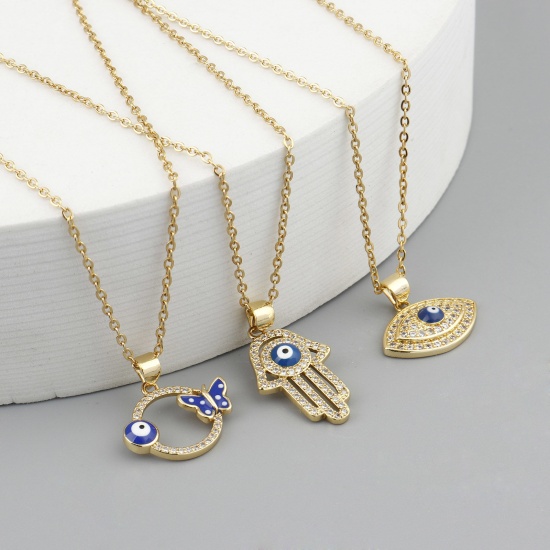 Picture of Stainless Steel & Copper Religious Link Cable Chain Necklace Gold Plated Evil Eye Hamsa Symbol Hand Clear Cubic Zirconia