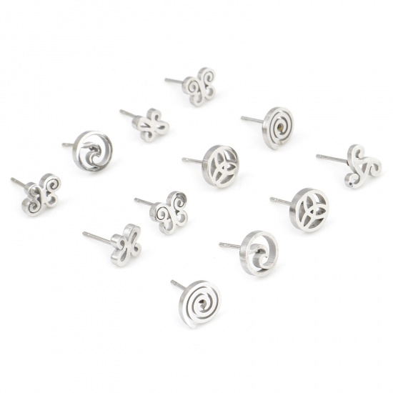 Image de Boucles d'Oreilles Puces en Acier Inoxydable Argent Mat Papillon Nœuds Celtique Creux 6 Paires