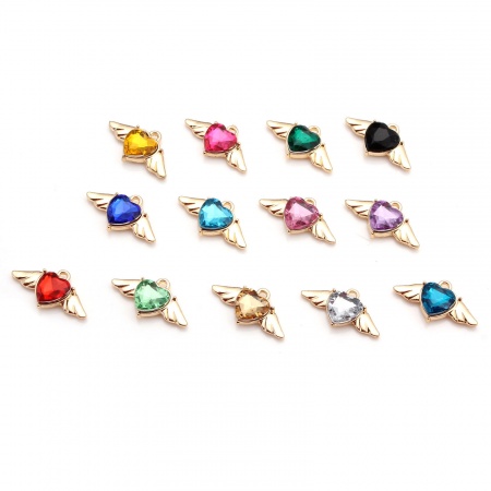 Zinc Based Alloy Valentine's Day Charms Gold Plated Heart Wing Multicolor Rhinestone 25mm x 14mm