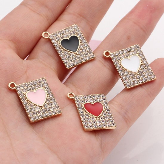 Picture of Zinc Based Alloy Valentine's Day Charms Gold Plated Rectangle Heart Enamel Clear Rhinestone 20mm x 16mm